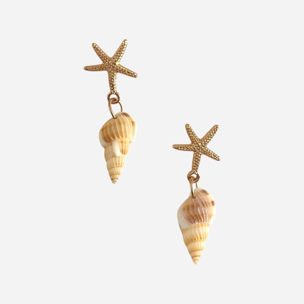 Gold Starfish Drop Earrings with Shell Charm